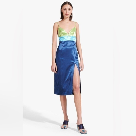 STAUD Ellis Colorblock Satin Blue and Green Slip Dress Size US12 NWT - Picture 8 of 11